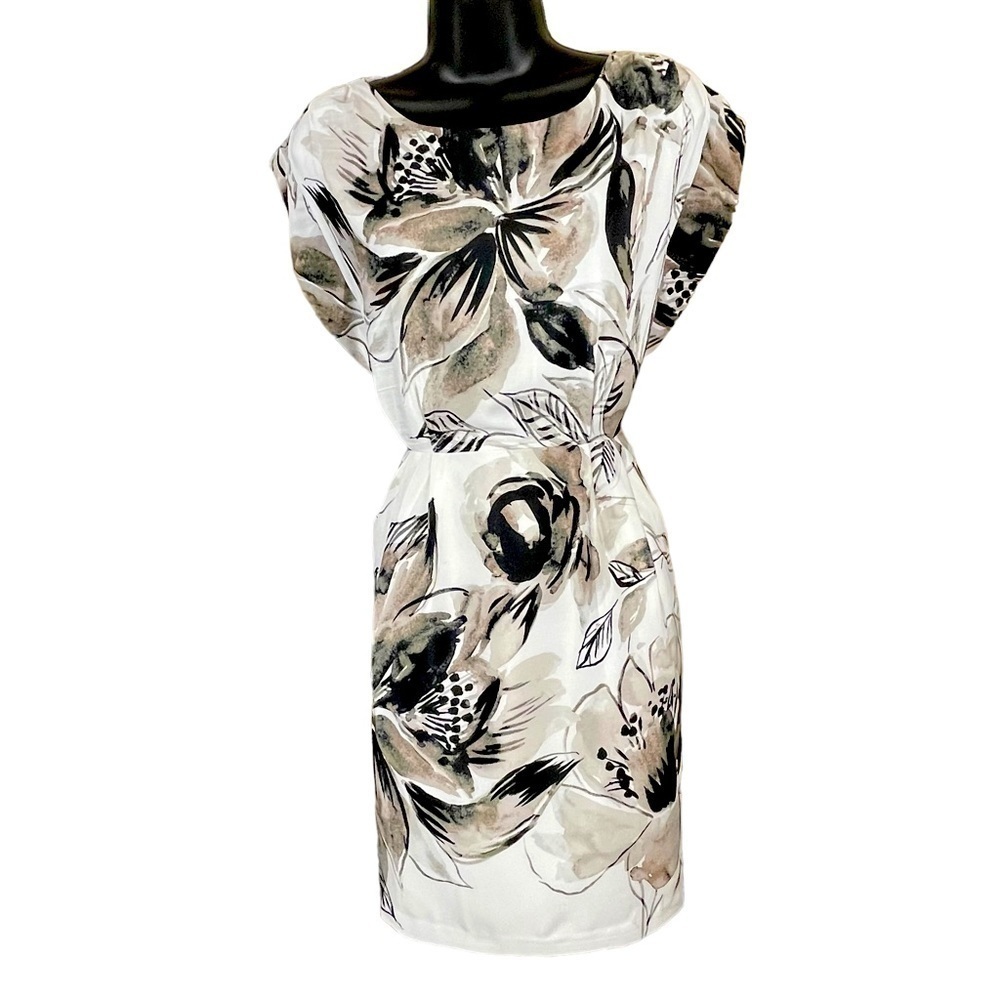 EUC Eliza J watercolour dress, taupe, white, black, size 4.